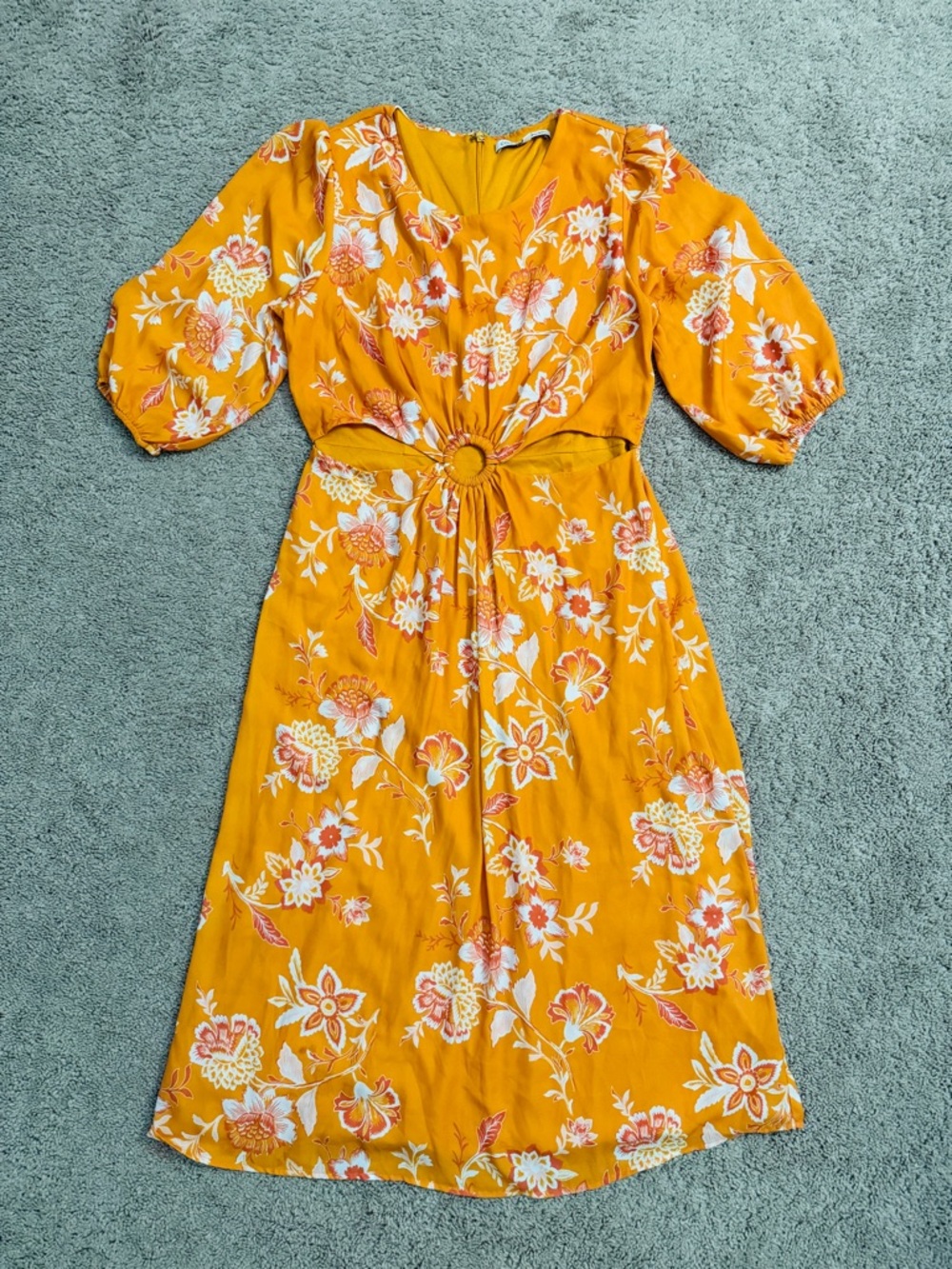 Collective Concepts Floral Midi Dress Women size Medium Orange Cutout Ring Dress